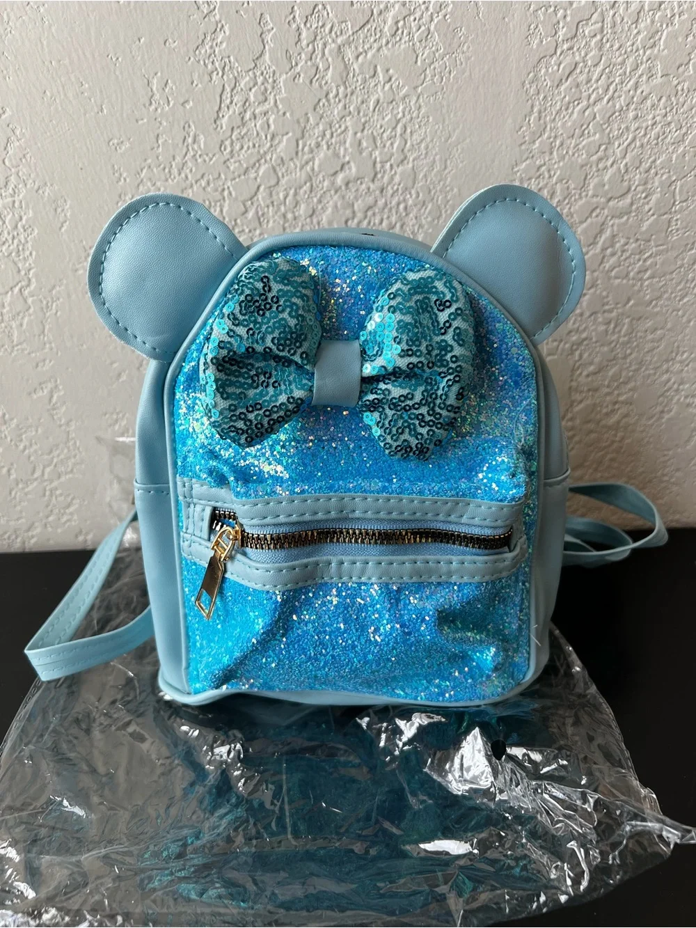 Kids Minnie Mouse Blue Sparkle Mini Backpack with Bow
